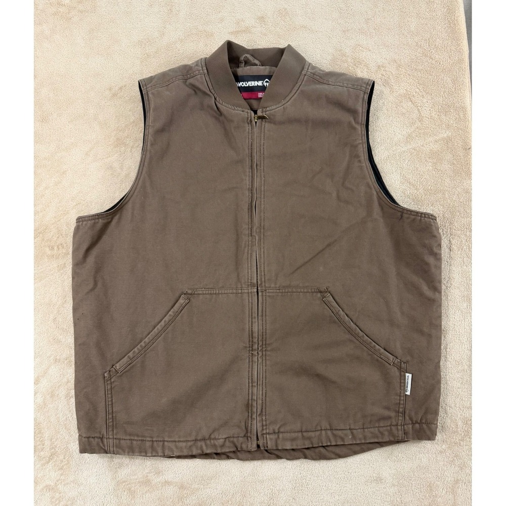 Wolverine Canvas Work Vest Men's Size 2XL Brown Quilted Lined Insulated Full Zip